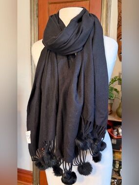 Tourance Black Super Soft Cashmere Scarf with Fur Pom Pom Tassels